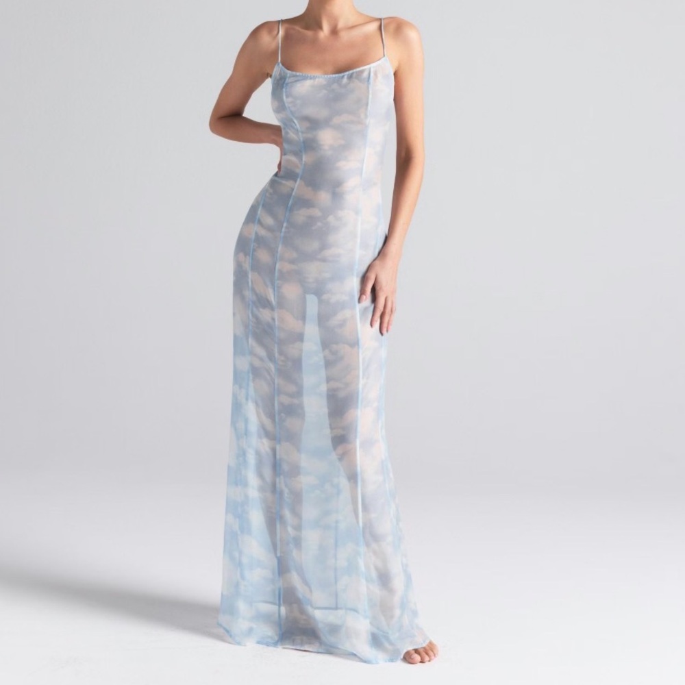 SKIMS Romance Long Slip Dress | Blue Quartz Cloud Print | Size L/G | NWOT